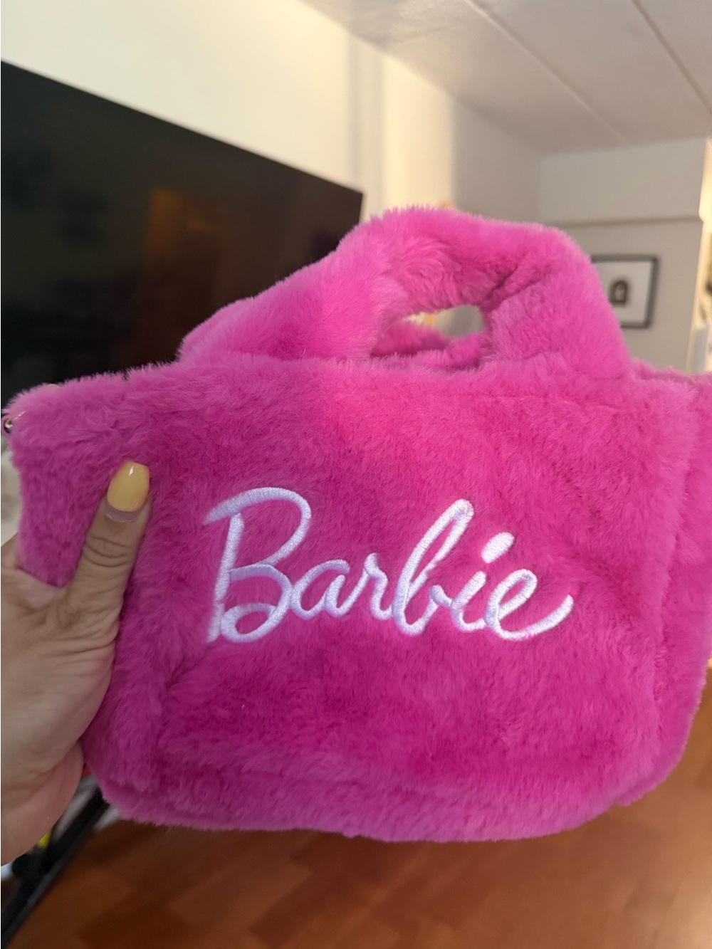 Barbie Hot Pink Fuzzy Kids Handbag with White Embroidered Logo